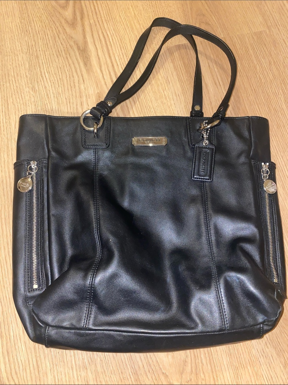 Coach Black Leather Shoulder Tote with Zip Accents